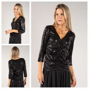 New Tiana B. Women's (M) Black Sequin Ruched V-Neck Tunic Top $72